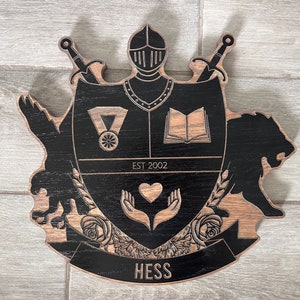Personalized Family Crest Last Name Sign - Carved Wood Coat of Arms - Anniversary Wedding Valentines Housewarming Birthday Gift