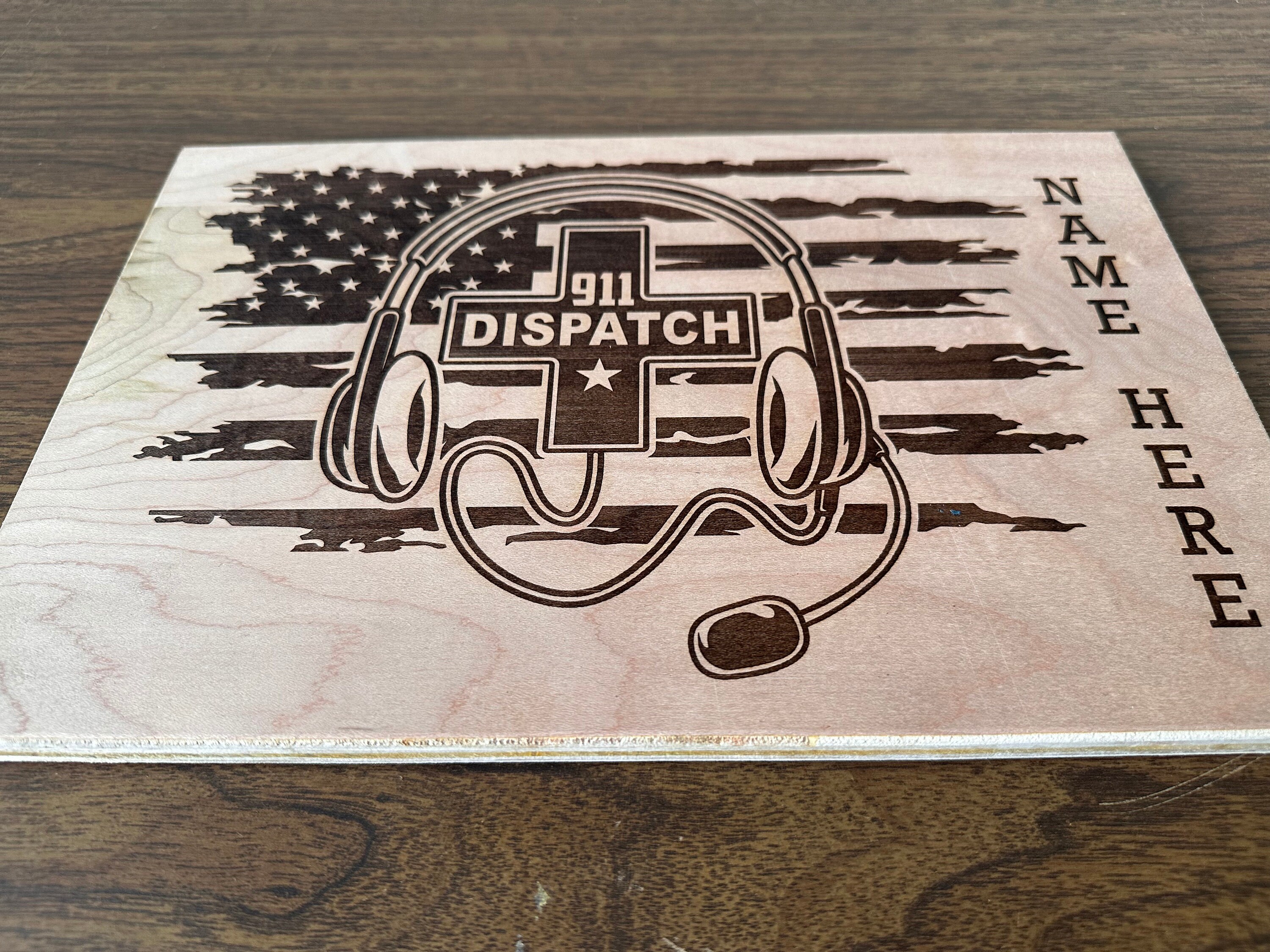 Wood Dispatch Laser Engraved Sign, 911 American Flag Thin Yellow Line ...