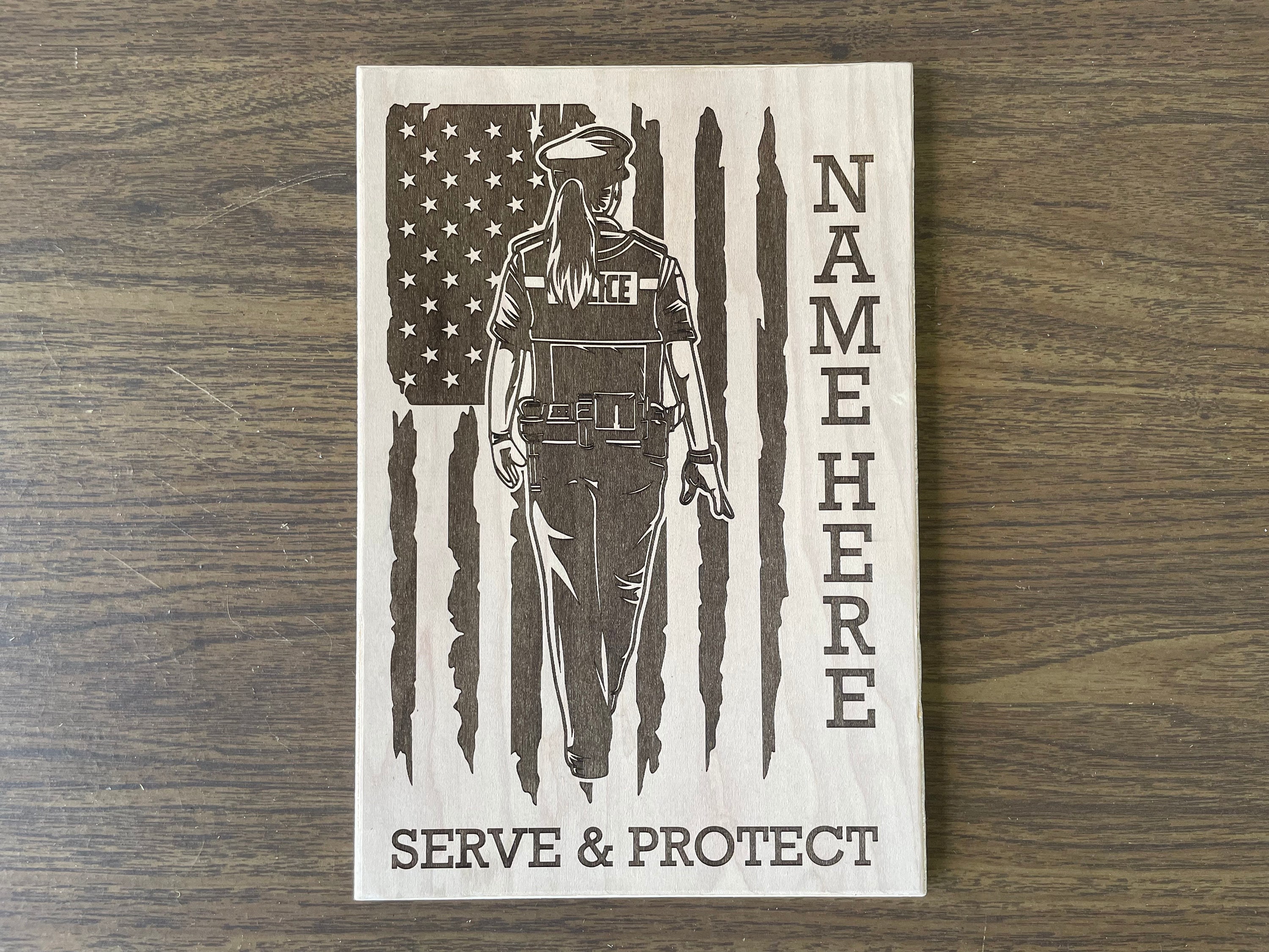 Wood Police Officer Laser Engraved Sign, Female US Flag Thin Blue Line ...