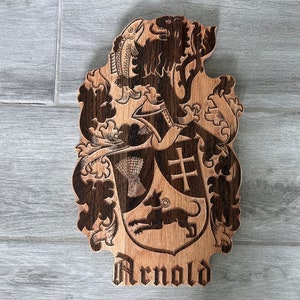 Personalized Family Crest Last Name Sign - Carved Wood Coat of Arms - Anniversary Wedding Valentines Housewarming Birthday Gift