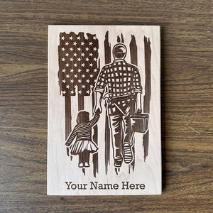 Wood Plumber Dad Laser Engraved Sign, Handy Man Worker American Flag, Personalized Fathers Day Promotion Graduation Retirement Birthday Gift