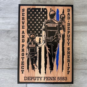 Carved Wood Deputy Sheriff Sign, Dad American Flag Thin Blue Line, Personalized Law Enforcement Fathers Day Graduation Retirement Gift