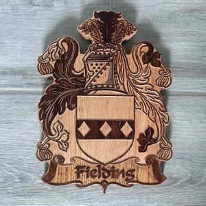 Personalized Family Crest Last Name Sign - Carved Wood Coat of Arms - Anniversary Wedding Valentines Housewarming Birthday Gift