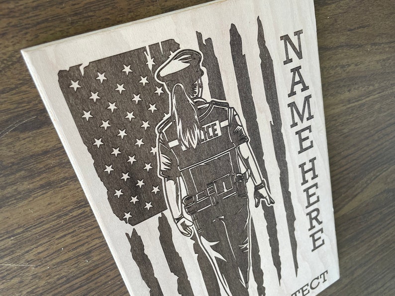 Wood Police Officer Laser Engraved Sign, Female US Flag Thin Blue Line ...