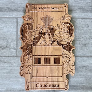 Personalized Family Crest Last Name Sign - Carved Wood Coat of Arms - Anniversary Wedding Valentines Housewarming Birthday Gift