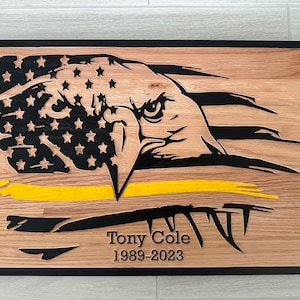 Carved Wood Eagle American US Flag Sign, Thin Yellow Gold Line, Dispatcher TowTruck Driver First Responder Anniversary Retirement Gift