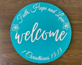 Personalized Round Welcome Sign - Carved Wood Painted - Christian Bible Verse - Anniversary Wedding Housewarming Gift Home Decor