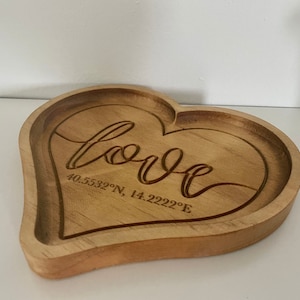 Personalized Love Heart Established Date Coordinates Catch All Tray - Carved Wood Stained - Valentines Anniversary Wedding Birthday Gift