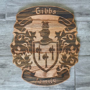 Personalized Family Crest Last Name Sign - Carved Wood Coat of Arms - Anniversary Wedding Valentines Housewarming Birthday Gift