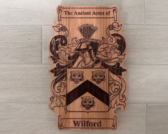 Personalized Family Crest Last Name Sign - Carved Wood Coat of Arms - Anniversary Wedding Valentines Housewarming Birthday Gift