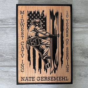 Carved Wood Lineman Sign, Power Lineman US Flag Plaque, Personalized Skills Trade Profession Anniversary Graduation Retirement Gift