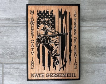 Carved Wood Lineman Sign, Power Lineman US Flag Plaque, Personalized Skills Trade Profession Anniversary Graduation Retirement Gift