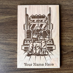Wood Trucker Dad Laser Engraved Sign, Truck Driver American Flag, Personalized Fathers Day Promotion Graduation Retirement Birthday Gift