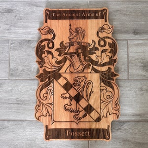 Personalized Family Crest Last Name Sign - Carved Wood Coat of Arms - Anniversary Wedding Valentines Housewarming Birthday Gift