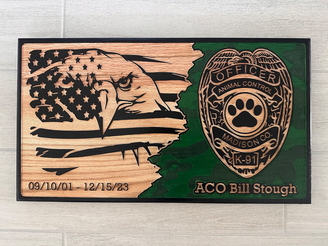 Carved Wood Animal Care and Control Sign, US Eagle Flag Camo Design ...