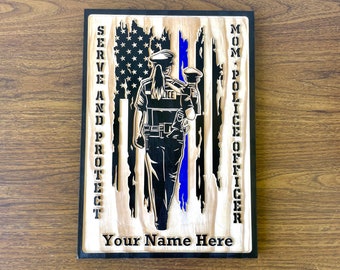 Carved Wood Police Officer Sign, Mom American Flag Thin Blue Line, Personalized Law Enforcement Mothers Day Graduation Retirement Gift