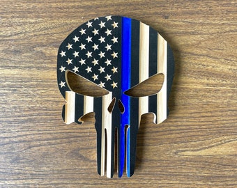 Carved Wood Punisher, American US Flag Thin Blue Line, Police Officer Law Enforcement First Responder Academy Graduation Retirement Gift