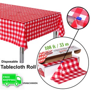 May include: Red and white checkered disposable tablecloth roll, 108 feet long, with a red and white checkered tablecloth on a table in the background.