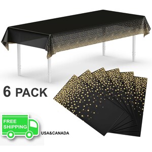 May include: A 6 pack of black plastic tablecloths with gold glitter confetti. The tablecloths are 54 inches by 108 inches.