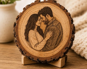 Personalized Pine Wood Photo Engraved Coaster, Rustic Keepsake Wood Slice (Anniversary, Wedding)