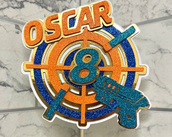 Personalised Birthday Glitter Cake Topper Nerf Inspired