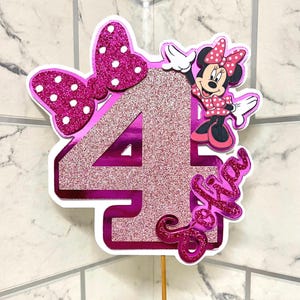 Personalised Cupcake Birthday Glitter Cake Topper Minnie Mouse Inspired