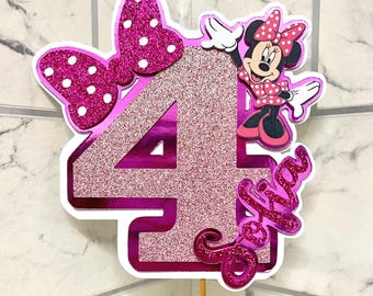 Adorno para tarta de cumpleaños con purpurina personalizado inspirado en Minnie Mouse