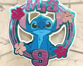Adorno para tarta de cumpleaños con purpurina y diseño personalizado inspirado en Stitch