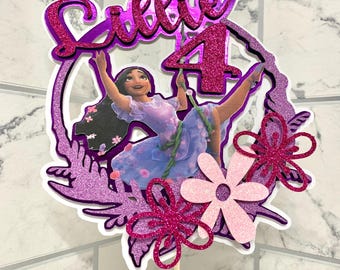 Adorno personalizado para tarta de cumpleaños con purpurina, número, edad y nombre, inspirado en Isabela Encanto