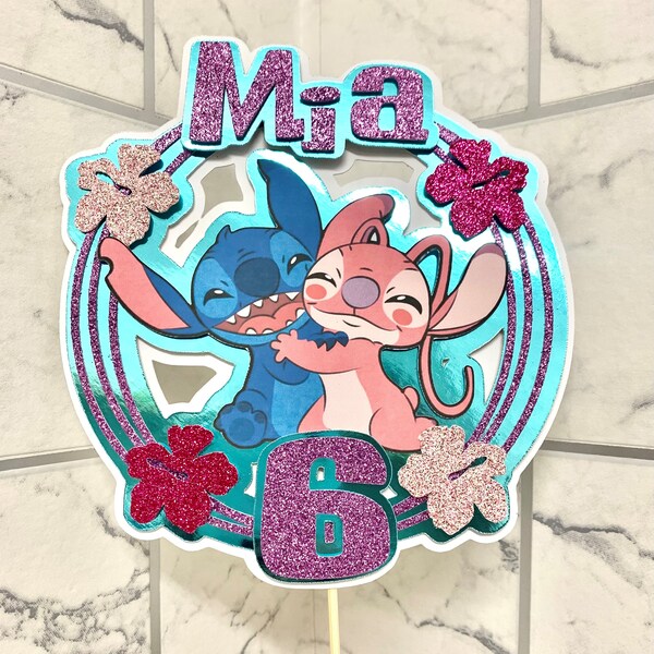 Personalised Birthday Glitter Cake Topper Stitch & Angel Inspired