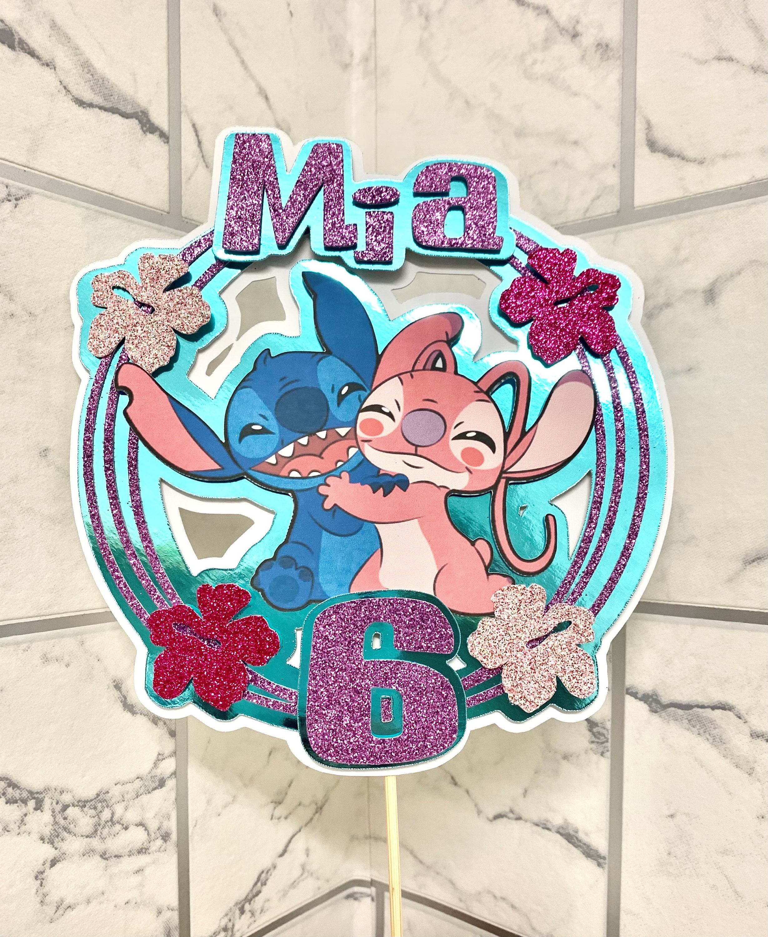 Personalisierte Geburtstag Glitzer Cake Topper Stitch & Angel