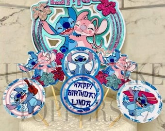 Personalised Cupcake Birthday Glitter Cake Topper Stitch & Angel Inspired
