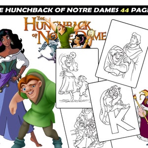 Quasimodo y Esmeralda Hojas para colorear para niños, Personajes de dibujos animados Páginas de descarga instantánea para colorear, libro imprimible para niñas y niños