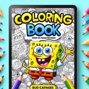 Personajes de dibujos animados para colorear esponja, Libro para colorear imprimible para niños, páginas para colorear, Actividad de descarga instantánea para niños