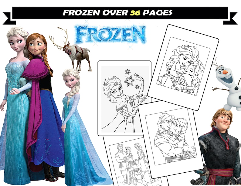 Elsa Anna Olaf Kleurplaten voor meisjes, Frozen cartoon kleurboek voor kinderen, Instant Download afdrukbare kleurplaten voor kinderen afbeelding 1