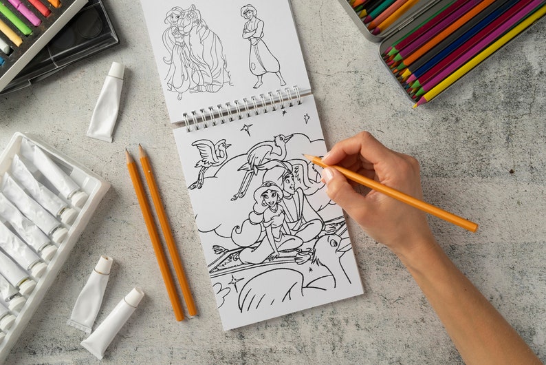 Prinses Jasmine & Aladdin kleurplaten voor meisjes, Genie, Abu, Jafar, Iago stripfiguren kleurplaten voor kinderen Direct downloaden afbeelding 4