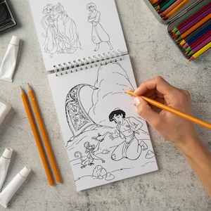 Prinses Jasmine & Aladdin kleurplaten voor meisjes, Genie, Abu, Jafar, Iago stripfiguren kleurplaten voor kinderen Direct downloaden afbeelding 5