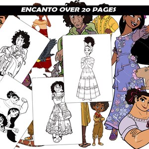 May include: Black and white line art illustrations of characters from the Disney movie Encanto. The illustrations include Mirabel, Bruno, and other characters from the movie. The text "Encanto Over 20 Pages" is at the top of the image.