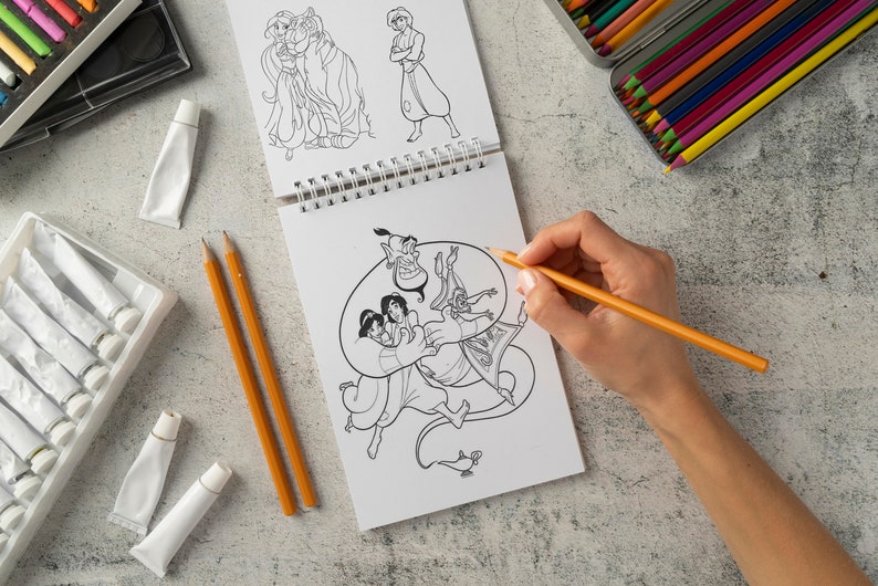 Prinses Jasmine & Aladdin kleurplaten voor meisjes, Genie, Abu, Jafar, Iago stripfiguren kleurplaten voor kinderen Direct downloaden afbeelding 6