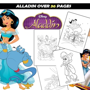 Princess Jasmine & Aladdin Coloring Sheets for girls, Genie, Abu, Jafar, Iago cartoon characters coloring pages for kids Instant Download