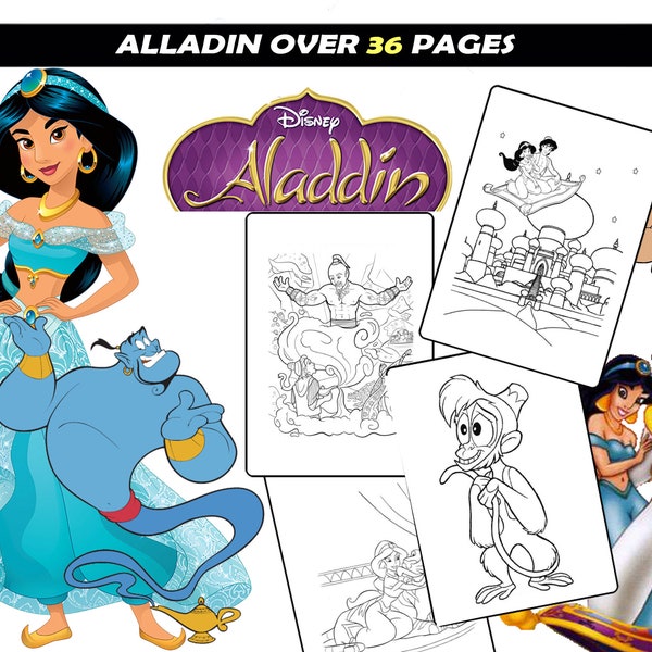 Princess Jasmine & Aladdin Coloring Sheets for girls, Genie, Abu, Jafar, Iago cartoon characters coloring pages for kids Instant Download