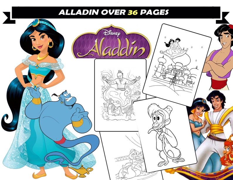 Prinses Jasmine & Aladdin kleurplaten voor meisjes, Genie, Abu, Jafar, Iago stripfiguren kleurplaten voor kinderen Direct downloaden afbeelding 1