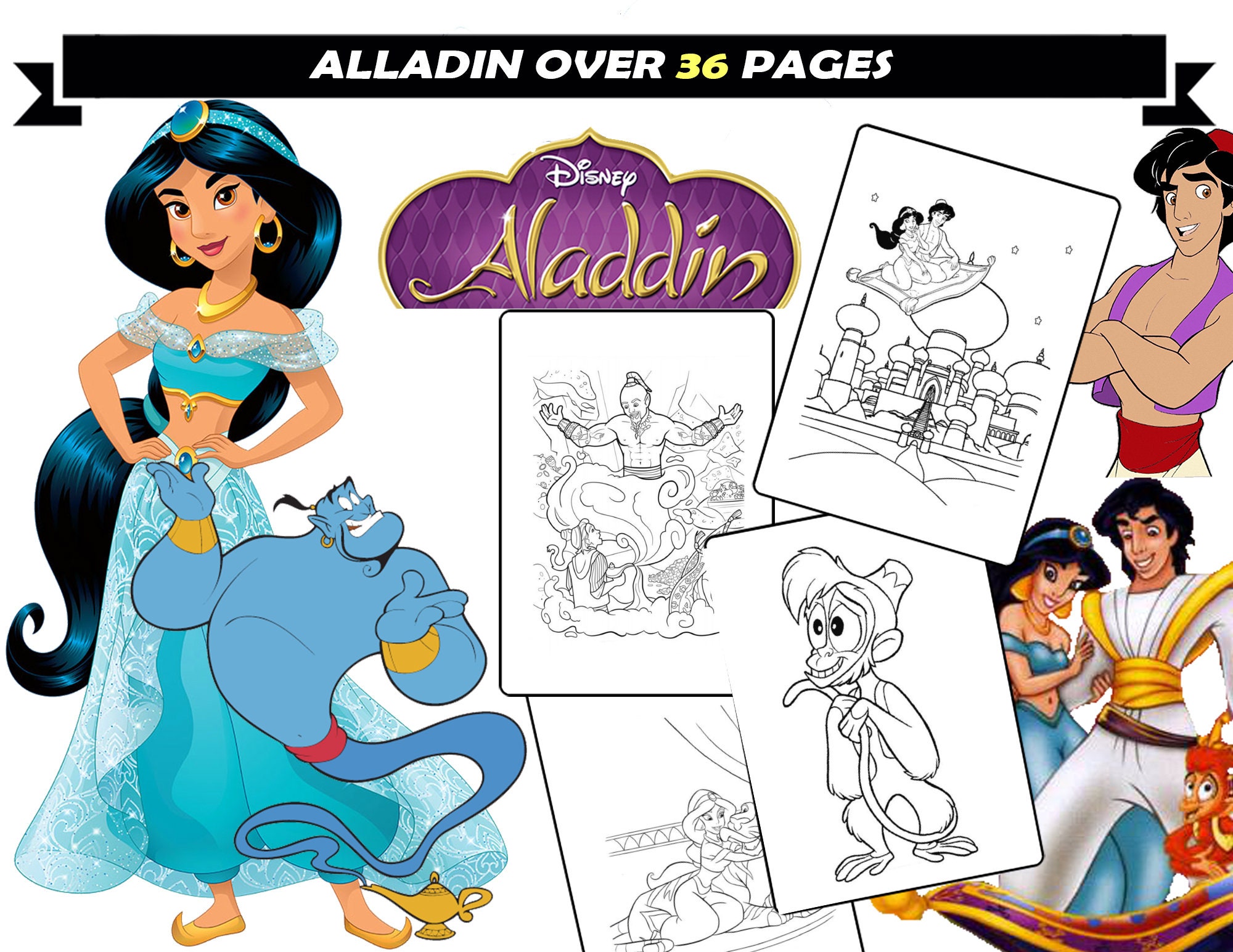 Princess Jasmine & Aladdin Coloring Sheets for Girls Genie - Etsy Ireland