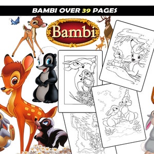 Bambi and Thumper Coloring Printable Pages for girls, Forest Cartoon Characters Print for coloring, Instant Download sheets for coloring