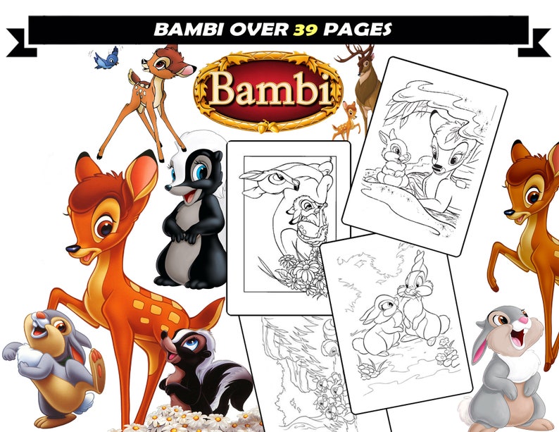 Bambi en Thumper Kleurplaten printbare pagina's voor meisjes, Forest stripfiguren Print om in te kleuren, Instant Download vellen om in te kleuren afbeelding 1
