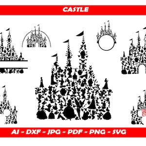 Könnte beinhalten: Schwarz-weiße Schloss-Silhouetten, jede einzigartig gestaltet mit verschiedenen Formen und Figuren. Das Wort "CASTLE" steht oben, darunter Dateityp-Optionen. Die Designs umfassen ein Schloss mit Banner, ein Schloss mit Kreis und ein Schloss mit Schleife.