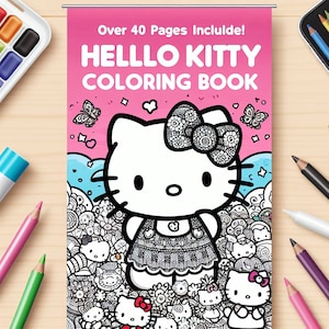 Personajes de dibujos animados de Kitty Coloring, Libro para colorear imprimible para niños, Páginas para colorear de princesas, Actividad de descarga instantánea para niños