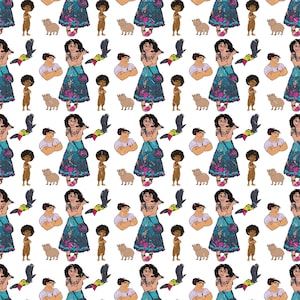 May include: A seamless pattern featuring a woman with dark hair wearing a blue and pink patterned skirt, a white shirt, and a blue bag. The pattern also includes a toucan, a small brown animal, and a small person with brown skin.