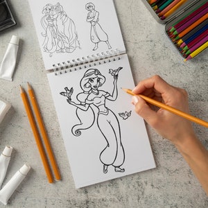Prinses Jasmine & Aladdin kleurplaten voor meisjes, Genie, Abu, Jafar, Iago stripfiguren kleurplaten voor kinderen Direct downloaden afbeelding 3