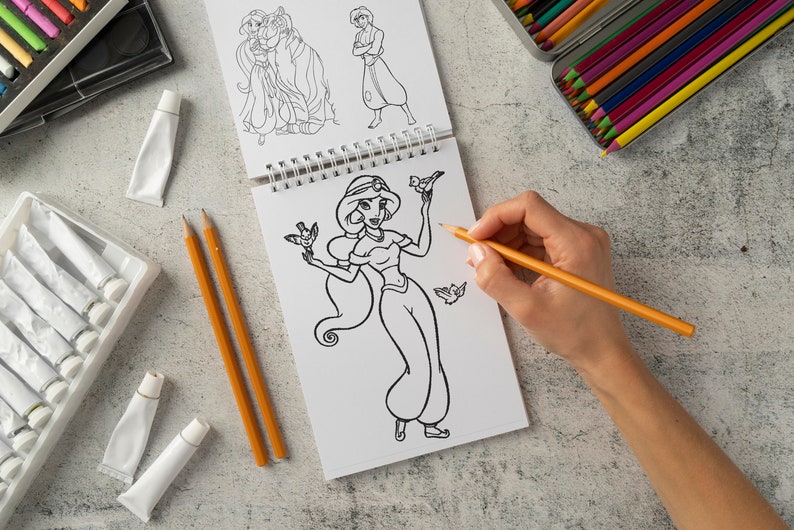 Prinses Jasmine & Aladdin kleurplaten voor meisjes, Genie, Abu, Jafar, Iago stripfiguren kleurplaten voor kinderen Direct downloaden afbeelding 3